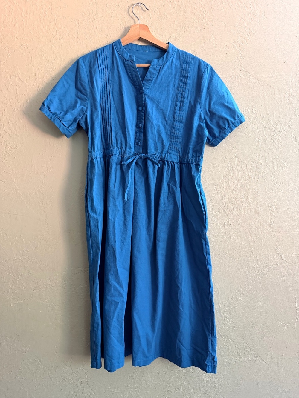 Blue Women's Cotton Midi Dress with Waist Tie